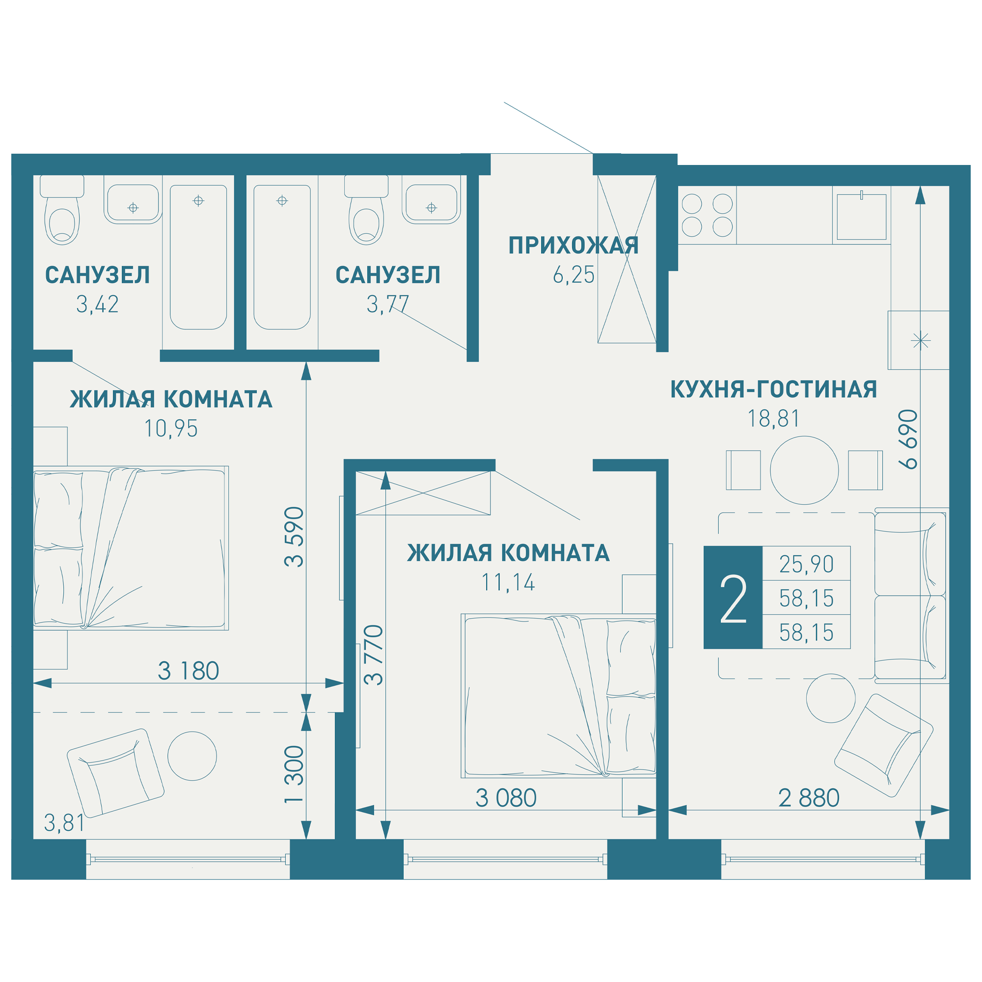 2-комнатная квартира 58.15 м²