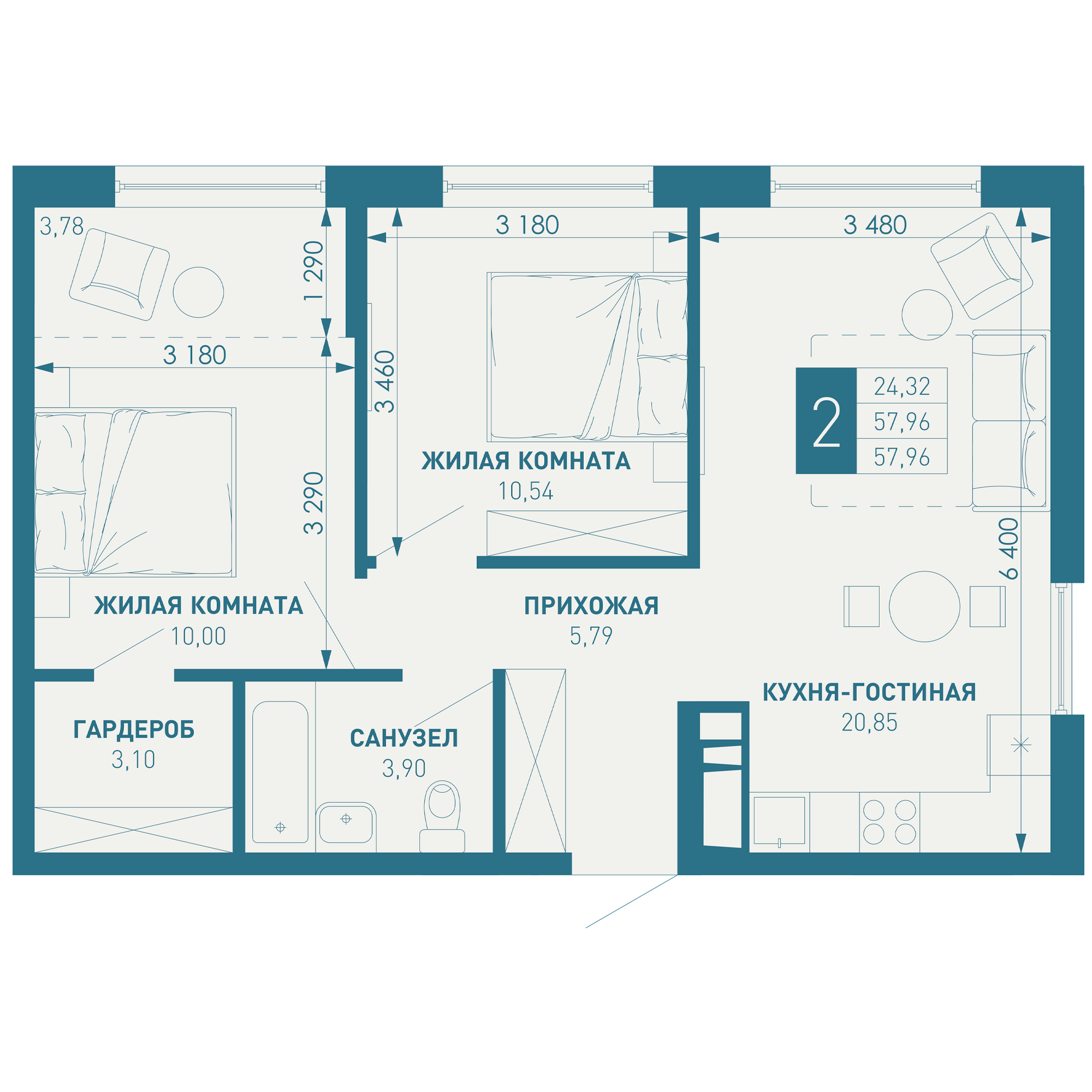 2-комнатная квартира 57.96 м²