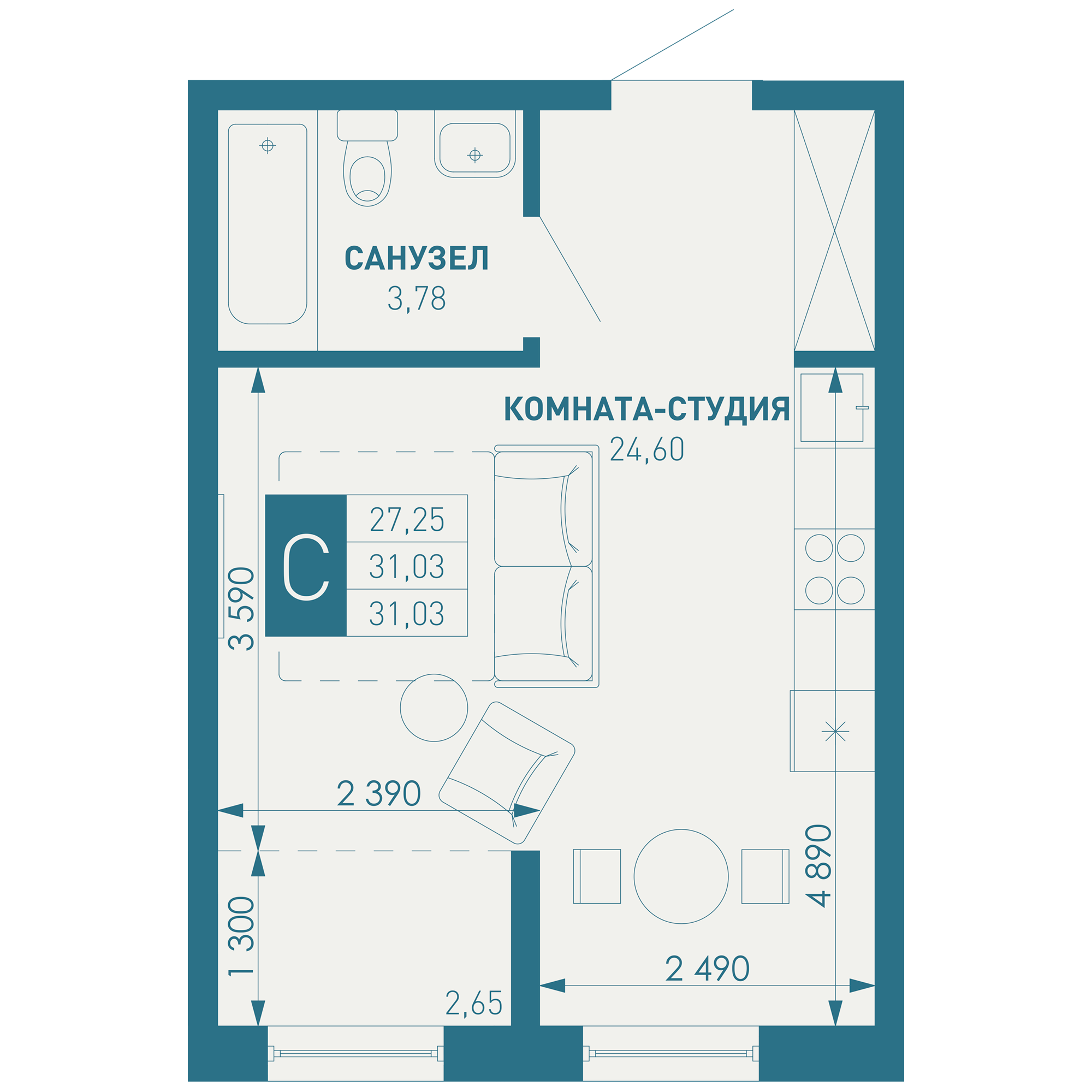 Квартира-студия 31.03 м²